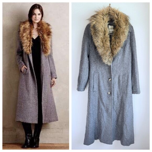 Anthropologie Elevenses Faux Fur Collared Boucle Sweater Duster Jacket in Gray - Picture 1 of 13
